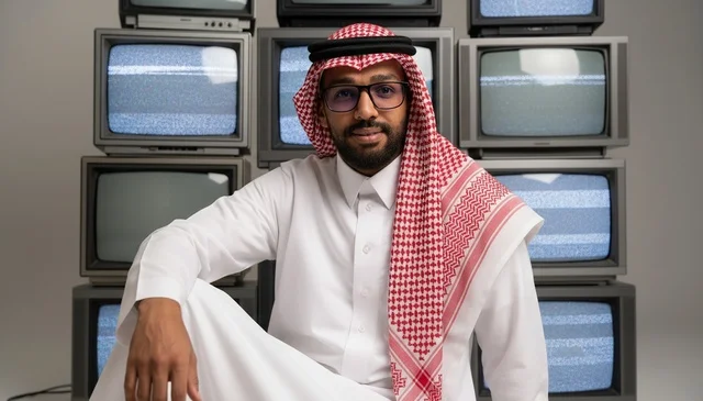 رجل سعودي مع جدار تلفزيونات قديمة في الاستوديو