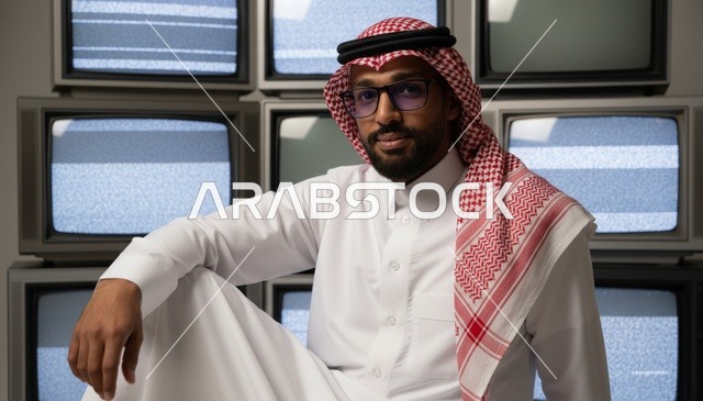 رجل سعودي أمام أجهزة تلفاز قديمة بتشويش شاشة