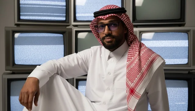 رجل سعودي أمام أجهزة تلفاز قديمة بتشويش شاشة