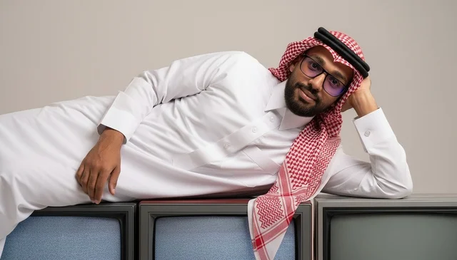رجل سعودي بالزي التقليدي يستلقي فوق تلفاز قديم