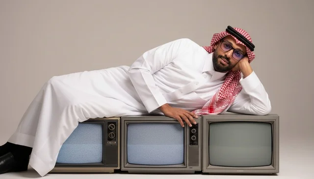 Saudi Man in Traditional Dress with Vintage Televisions