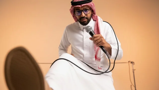 Saudi Man Holding Microphone in Traditional Attire