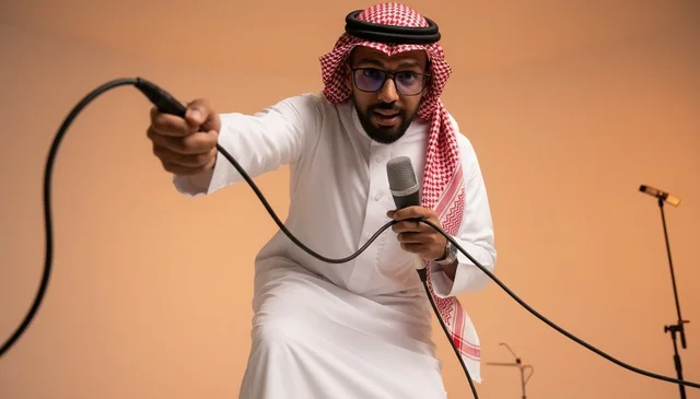 Saudi Man in Traditional Thobe Holding Microphone Studio