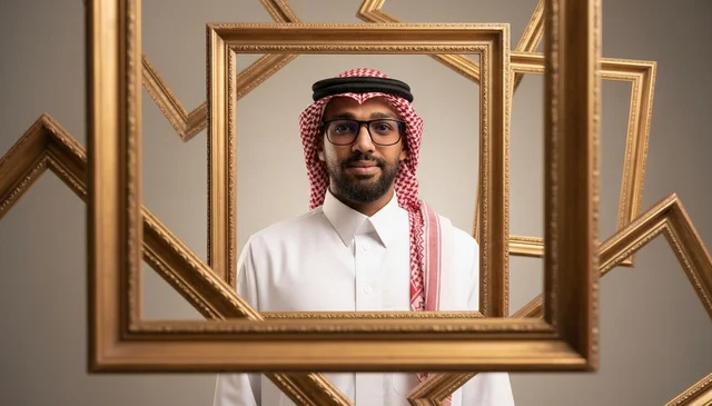 Saudi Man in Traditional Dress with Picture Frames