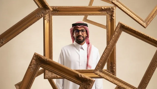 رجل سعودي بالزي التقليدي بين إطارات صور ذهبية
