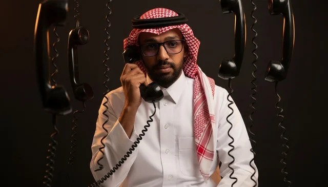 Saudi Man with Vintage Telephones on Dark Background