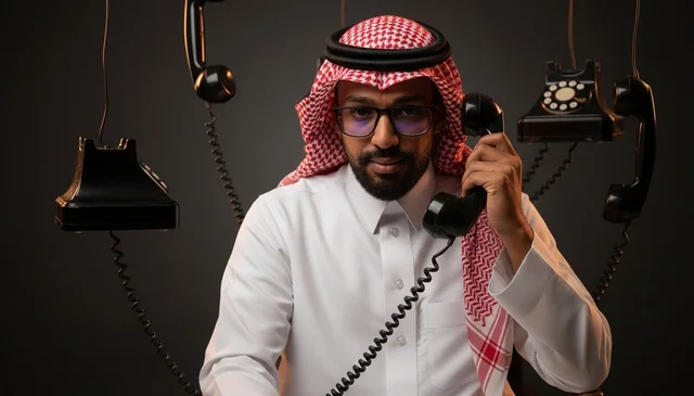 رجل سعودي مع هواتف أرضية كلاسيكية قديمة
