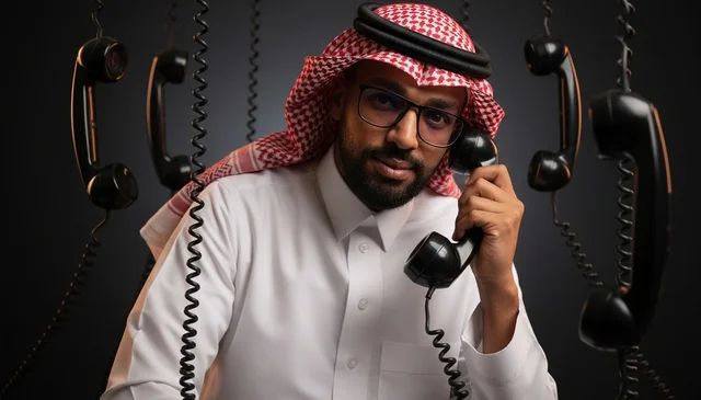 Saudi Man with Vintage Telephones for Communication