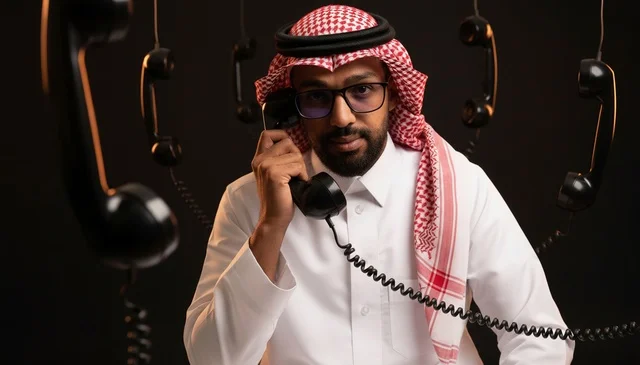 Saudi Man with Vintage Telephones on Black Background