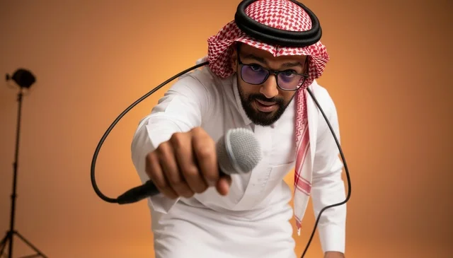 رجل سعودي يحمل ميكروفون في استوديو تصوير