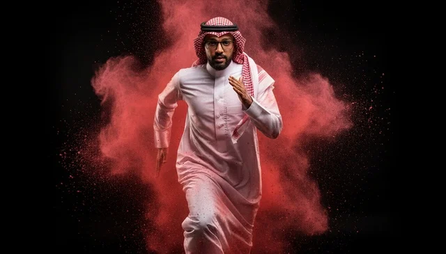 رجل سعودي يركض بالثوب مع انفجار مسحوق أحمر