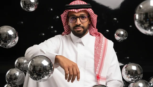 Saudi Man in Traditional Thobe with Floating Metallic Spheres