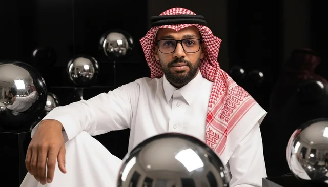 Saudi Man in Traditional Thobe with Reflective Spheres