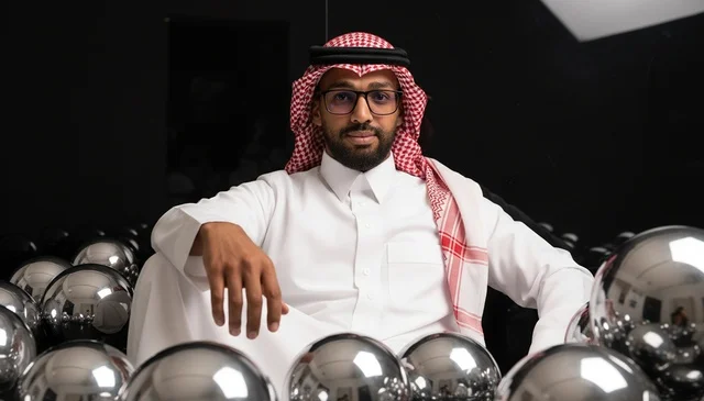 رجل سعودي بالزي التقليدي مع كرات معدنية