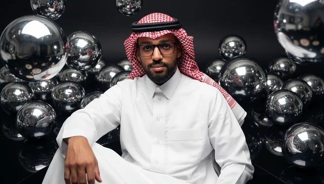Saudi Man in Traditional Attire with Reflective Spheres
