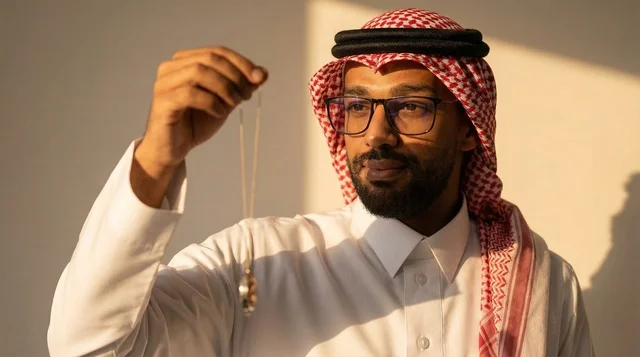 رجل سعودي بالزي التقليدي يمسك قلادة ذهبية