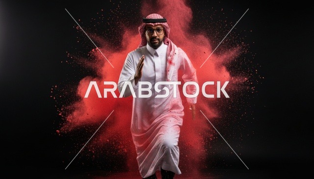 رجل سعودي يركض مع خلفية انفجار مسحوق أحمر
