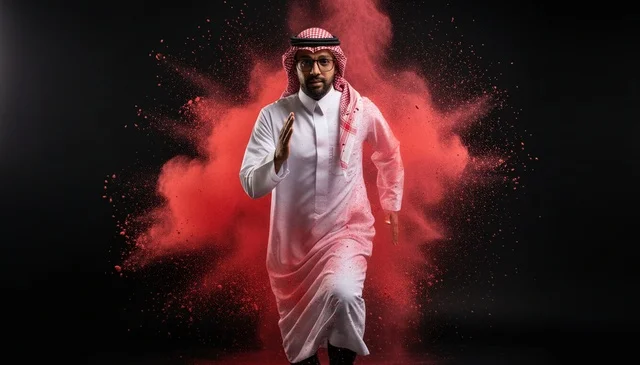 Saudi Man Running with Red Powder Explosion Background