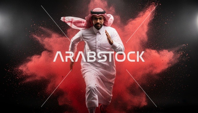 رجل سعودي يركض وسط انفجار مسحوق أحمر