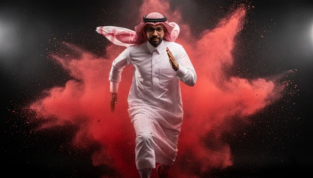 رجل سعودي يركض وسط انفجار مسحوق أحمر