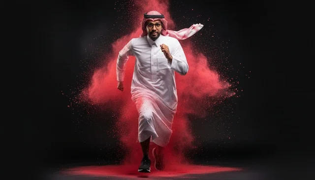 رجل سعودي يجري بسرعة وسط انفجار مسحوق أحمر في الاستوديو