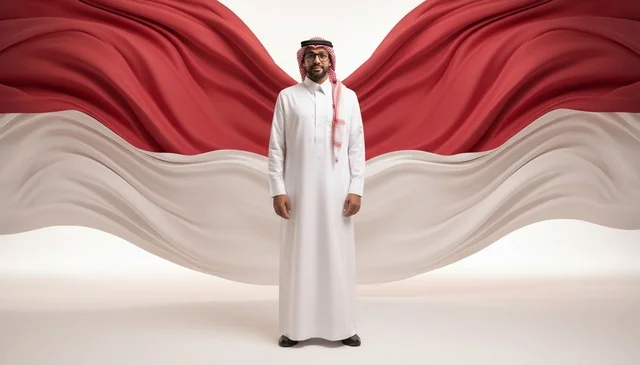 رجل سعودي بالزي التقليدي أمام علم أحمر وأبيض