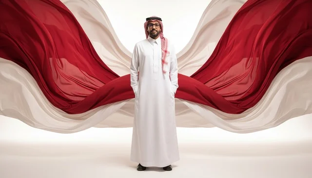 رجل سعودي بالزي التقليدي مع أقمشة وطنية
