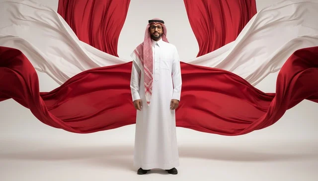 Saudi Man in Traditional Dress with Red and White Fabrics