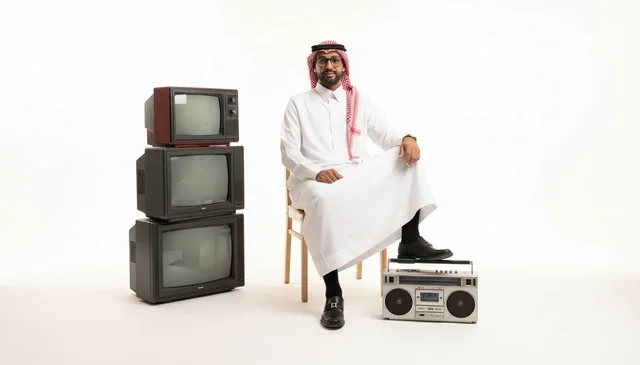 Saudi Man with Vintage Televisions and Retro Radio
