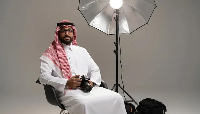 مصور سعودي بالزي التقليدي مع كاميرا في الاستوديو
