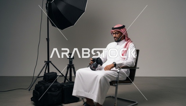 مصور سعودي مع كاميرا في استوديو احترافي