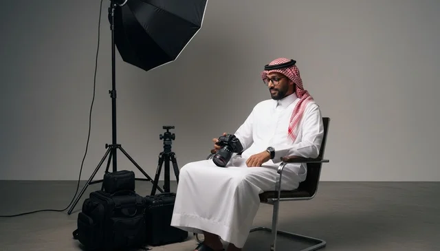 Saudi Photographer with Camera in Professional Studio