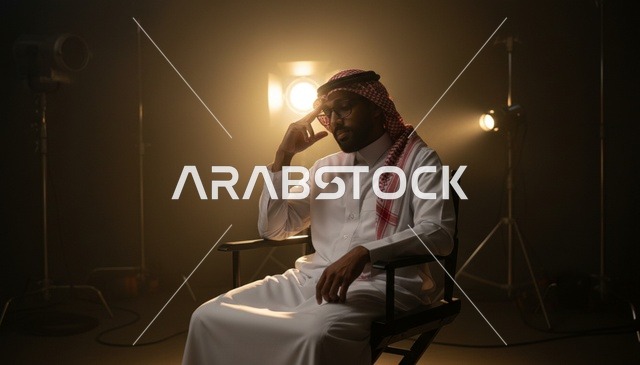Saudi Man in Thobe Sitting in Cinematic Studio