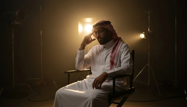 Saudi Man in Thobe Sitting in Cinematic Studio