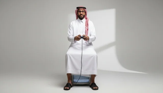 Saudi Man Gaming on Vintage Television in Studio