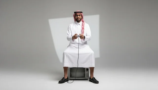 Saudi Man Gaming on Vintage TV in Studio