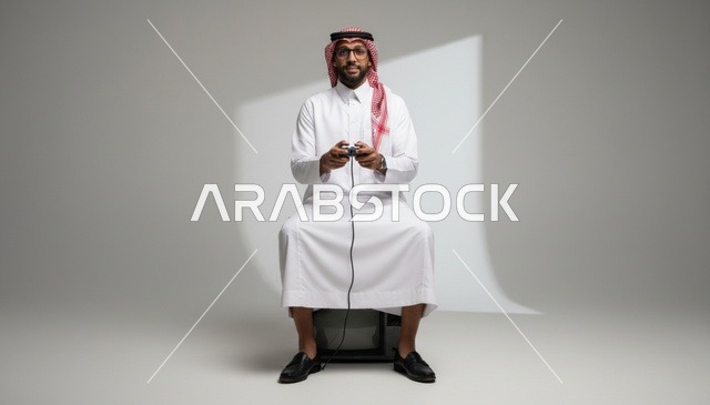 Saudi Man Gaming with Controller on Vintage TV
