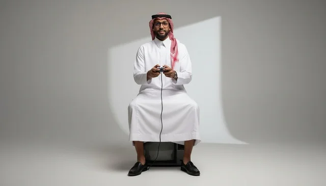 Saudi Man Gaming with Controller on Vintage TV