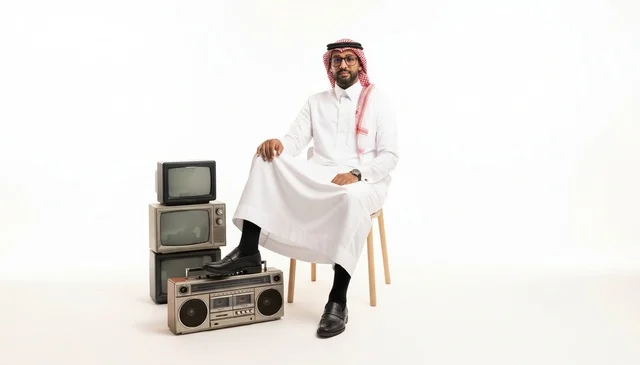 رجل سعودي مع إلكترونيات قديمة في استوديو أبيض