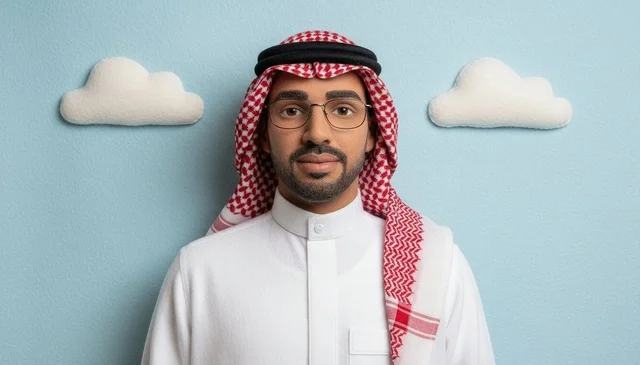 رجل سعودي بالثوب التقليدي والشماغ خلفية زرقاء