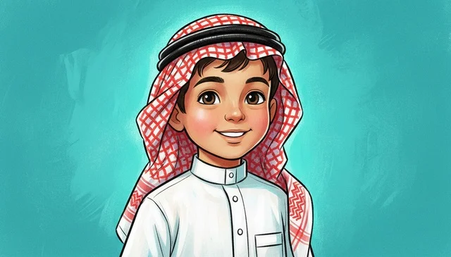 Saudi Boy Illustration in Traditional Thobe and Shemagh