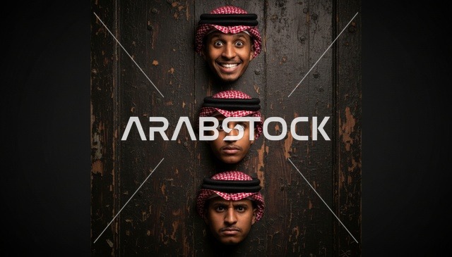 رجل سعودي بتعبيرات وجه مختلفة خلف باب خشبي