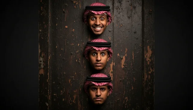 رجل سعودي بتعبيرات وجه مختلفة خلف باب خشبي