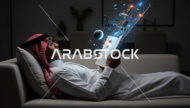 رجل سعودي يقرأ كتاباً مع هولوغرام فضاء ومجرات