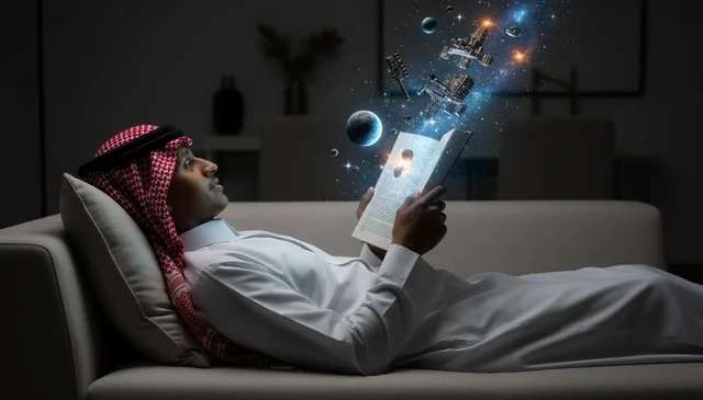 رجل سعودي يقرأ كتاباً مع هولوغرام فضاء ومجرات