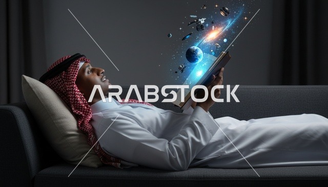 رجل سعودي يقرأ كتاباً بهولوغرام الفضاء والنجوم في المنزل
