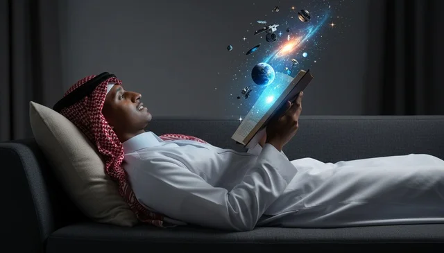 Saudi Man Reading Space Hologram Book Indoors