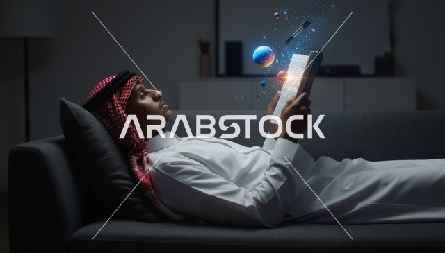 رجل عربي يقرأ كتاباً مع كواكب هولوغرامية