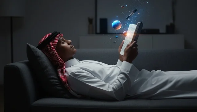 Arab Man Reading Book with Holographic Planets