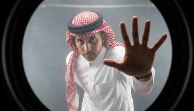 رجل سعودي بالثوب التقليدي ينظر من خلال فتحة دائرية